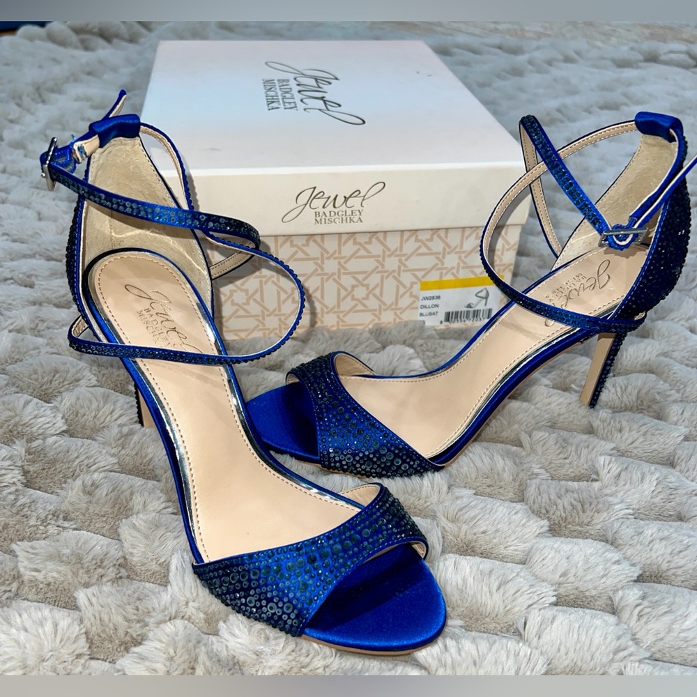 Badgley Mischka Jewel Blue Rhinestone Heels Size 7.5 Strappy Satin Stiletto